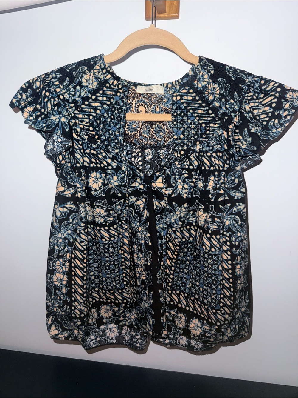 Ulla Johnson Bohemian Blue Quilted Ruffle Sleeve Floral Print Top Cotton Size 4